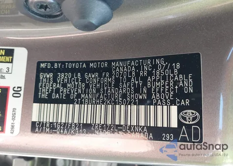 2019 Toyota Corolla Le from USA, damaged, VIN 2T1BURHE2KC150721